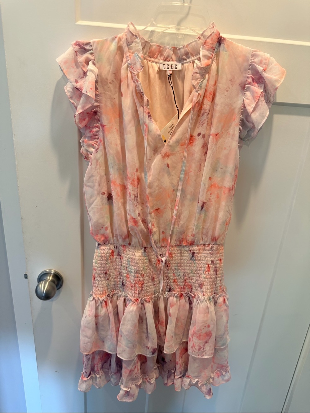 NWT TCEC Large Pink Watercolor Floral Smocked Ruffle Mini Dress